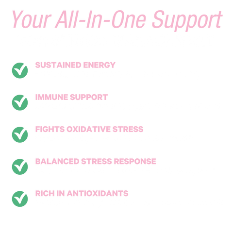 Your All-In-One Support for Stress Management: sustained energy, immune support, fights oxidative stress, balanced stress response and rich in antioxidants