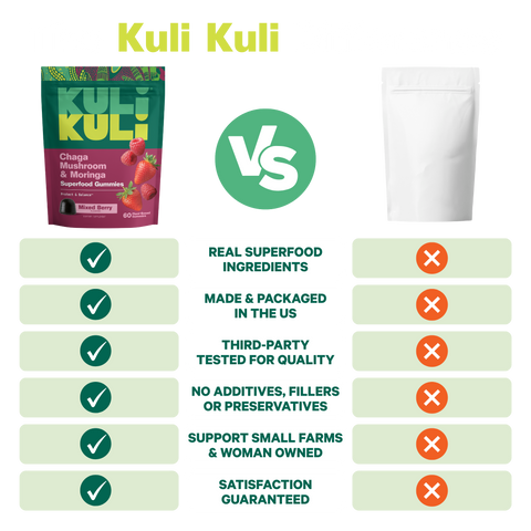 Kuli Kuli Chaga gummies vs. a generic pouch: real superfoods, made in the US, third-party tested, no additives, supports small farms, satisfaction guaranteed
