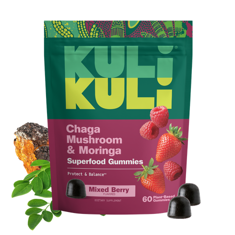 Kuli Kuli Chaga Mushroom & Moringa Superfood Gummies pouch, Mixed Berry flavor, 60 plant-based gummies, with chaga, moringa leaves and gummies
