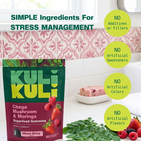 Kuli Kuli Chaga & Moringa gummies pouch on a bathroom counter with moringa and berries: no additives, fillers, artificial sweeteners, colors or flavors