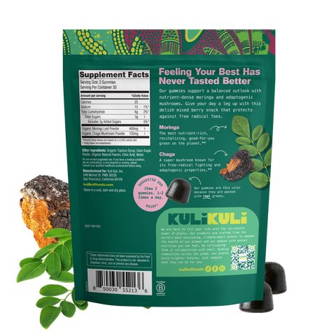 Back of Kuli Kuli Chaga & Moringa gummies pouch showing Supplement Facts: 2 gummies per serving, 400mg organic moringa and 100mg organic chaga