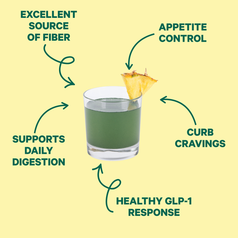 Glass of Crave Reset green drink with a pineapple garnish, labeled with benefits: excellent source of fiber, appetite control, curb cravings, supports daily digestion, and healthy GLP-1 response.