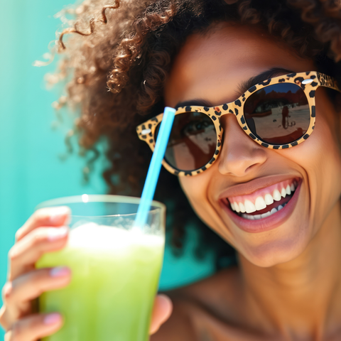 Smiling woman in sunglasses holding a green Crave Reset drink with a straw on a sunny day.