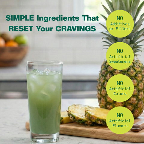 Glass of iced Crave Reset drink next to a fresh pineapple, with no additives or fillers and no artificial sweeteners, colors, or flavors.