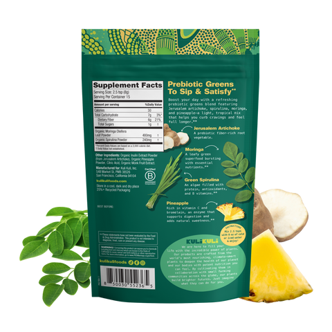 Back of the Crave Reset pouch showing Supplement Facts: 30 calories, 6g fiber, and 1g sugar per serving, plus the ingredient list and mixing instructions.