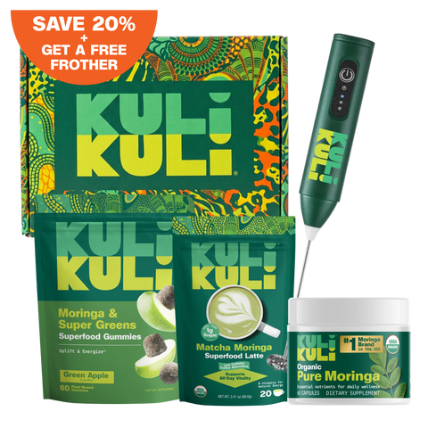 Kuli Kuli Daily Dose of Moringa bundle: gift box, Moringa & Super Greens Gummies, Matcha Moringa Superfood Latte, Organic Pure Moringa capsules, and a Kuli Kuli frother. Badge reads "Save 20% + Get a Free Frother."
