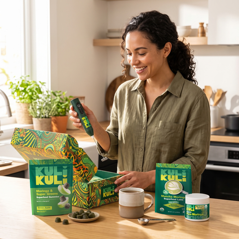 Woman smiling in a sunny kitchen, holding a Kuli Kuli frother beside an open patterned gift box, with gummies, Matcha Moringa Latte, Pure Moringa capsules, and a mug on the counter.