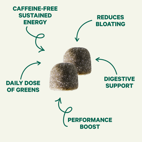 Close-up of two sugar-coated Kuli Kuli Moringa & Super Greens gummies, labeled with benefits: caffeine-free sustained energy, reduces bloating, digestive support, daily dose of greens, and performance boost.