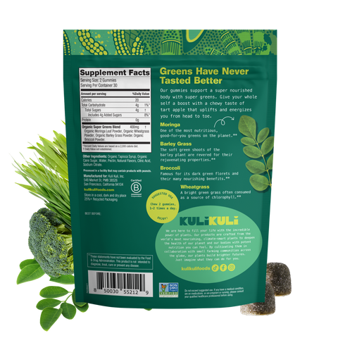 Back of the Kuli Kuli Moringa & Super Greens gummies pouch showing Supplement Facts with a 400mg organic super greens blend, ingredients, suggested use of 2 gummies 1–2 times daily, and ingredient descriptions.