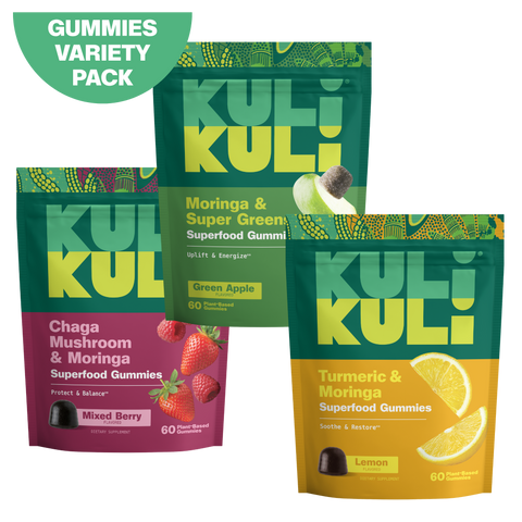 Kuli Kuli Gummies Variety Pack: Chaga Mushroom & Moringa (Mixed Berry), Moringa & Super Greens (Green Apple), and Turmeric & Moringa (Lemon) Superfood Gummies, 60 plant-based gummies each.