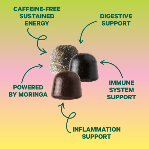 Three Kuli Kuli superfood gummies with callouts: caffeine-free sustained energy, digestive support, immune system support, inflammation support, and powered by moringa.