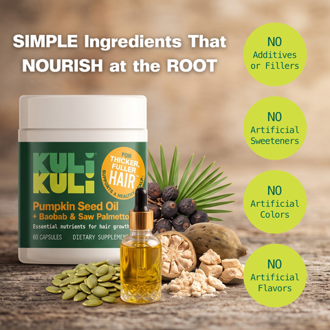 Kuli Kuli Pumpkin Seed Oil + Baobab & Saw Palmetto jar with pumpkin seeds, an oil dropper bottle, baobab fruit, and saw palmetto berries, labeled "Simple Ingredients That Nourish at the Root," with no additives, fillers, artificial sweeteners, colors, or flavors.