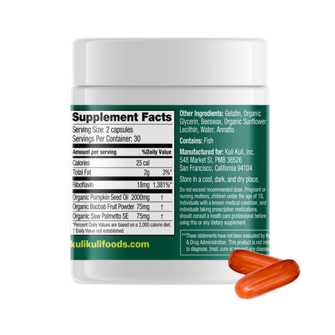 Back of the Kuli Kuli hair capsule jar showing the Supplement Facts panel. Each 2-softgel serving has 2,000 mg organic pumpkin seed oil, 75 mg organic baobab fruit powder, 75 mg organic saw palmetto extract, and 18 mg riboflavin, with 30 servings per container. Contains fish.