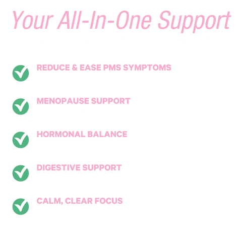 Her Power benefits for women's wellness: eases PMS symptoms, menopause support, hormonal balance, digestive support, and calm, clear focus