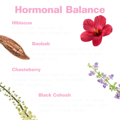 Her Power hormonal balance ingredients: hibiscus for fruity flavor, baobab for soluble fiber, chasteberry for hormonal balance, and black cohosh for hot flash relief