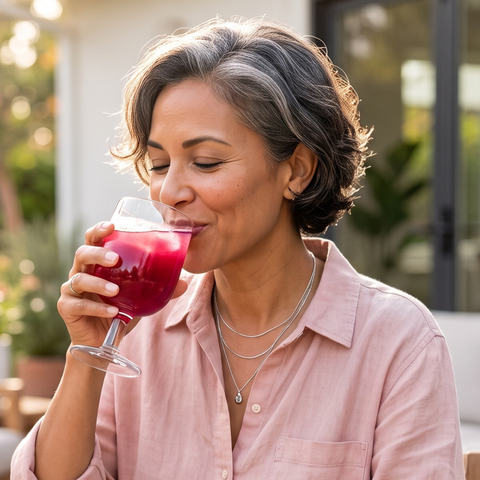 Smiling woman with silver-streaked hair sipping a red Her Power drink from a stemmed glass on a sunny patio