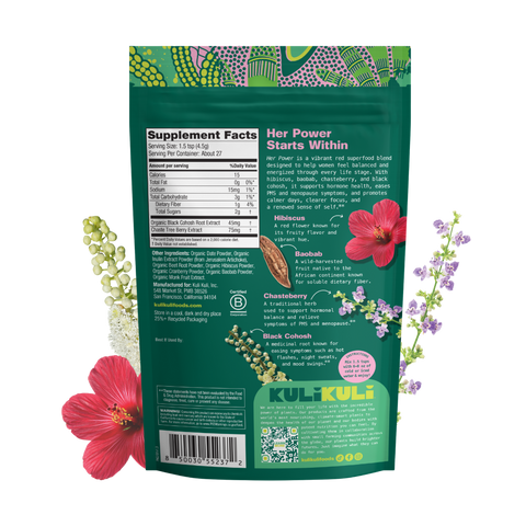 Back of Kuli Kuli Her Power pouch showing Supplement Facts, ingredients including black cohosh, chasteberry, hibiscus, and baobab, and mixing instructions