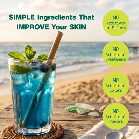 Iced blue Marine Glow drink with mint on a beach table, made with no additives, fillers, artificial sweeteners, colors, or flavors