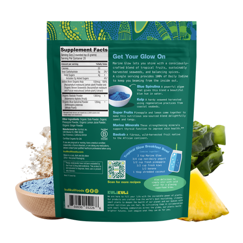 Back of Marine Glow pouch with Supplement Facts: 150mcg iodine (100% DV), 1380mg organic baobab, and 120mg blue spirulina per serving