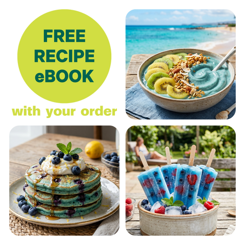 Free recipe eBook with your order, showing a blue Marine Glow smoothie bowl, blueberry pancakes, and berry popsicles
