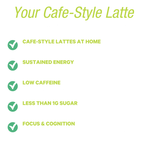 Kuli Kuli Matcha Moringa Latte benefits: café-style lattes at home, sustained energy from matcha and moringa, low caffeine, less than 1g sugar, and lion's mane for focus.