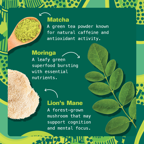 Key ingredients in Kuli Kuli Matcha Moringa Latte: matcha for natural caffeine and antioxidants, nutrient-rich moringa leaves, and lion's mane mushroom to support focus.