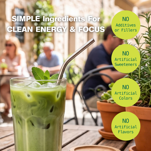 Iced matcha latte with mint and a metal straw on a café patio. Text reads "Simple ingredients for clean energy & focus": no additives, fillers, artificial sweeteners, colors, or flavors.