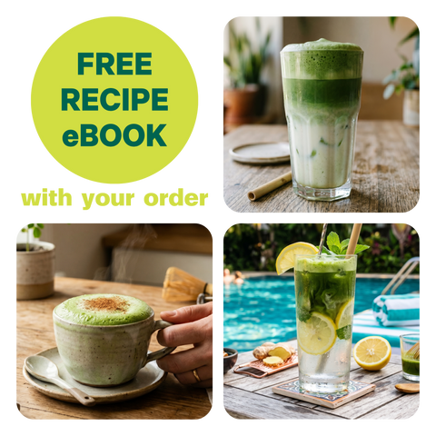 Free recipe eBook with your order, shown with three Kuli Kuli matcha drinks: a layered iced latte, a hot latte topped with cinnamon, and a sparkling matcha lemonade by a pool.