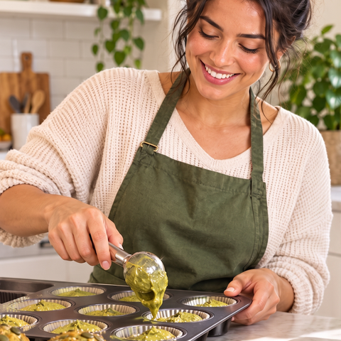 Smiling woman in a green apron scooping green moringa muffin batter into a lined muffin tin in a bright kitchen with houseplants.