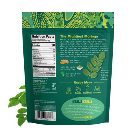 Back of the Kuli Kuli Pure Moringa Powder pouch showing the Nutrition Facts panel (20 calories per 2-teaspoon serving, 2g fiber), the ingredients (organic moringa leaf), and usage ideas: muffins, sauces, smoothies, and pancakes.
