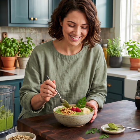Smiling woman in a sunny kitchen eating a green moringa smoothie bowl topped with granola, raspberries, and banana, next to a spoonful of moringa powder.