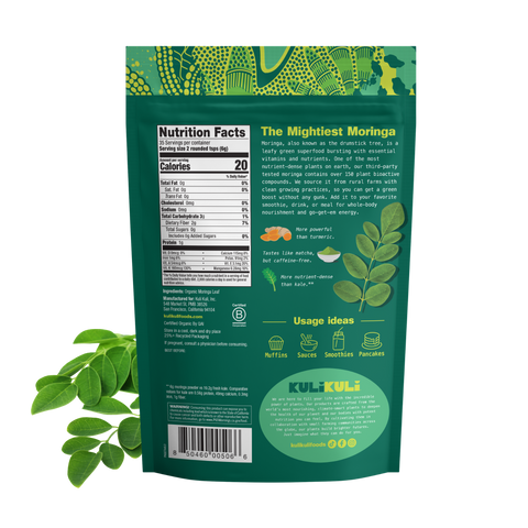 Back of the Kuli Kuli Pure Moringa Powder pouch showing the Nutrition Facts panel (20 calories per 2-teaspoon serving, 2g fiber), the ingredients (organic moringa leaf), and usage ideas: muffins, sauces, smoothies, and pancakes.