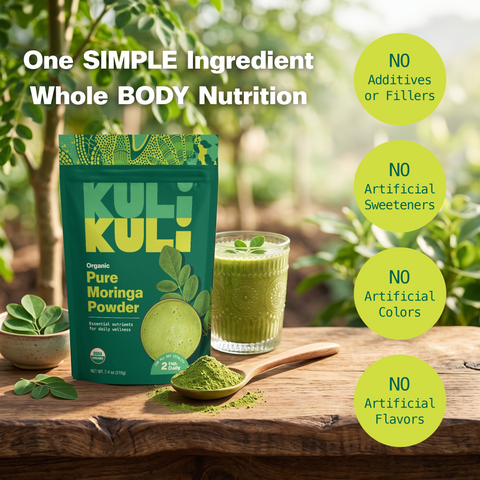 Kuli Kuli Pure Moringa Powder pouch on a wooden table with a green smoothie and a spoonful of powder, labeled "One Simple Ingredient, Whole Body Nutrition," with no additives, fillers, artificial sweeteners, colors, or flavors.