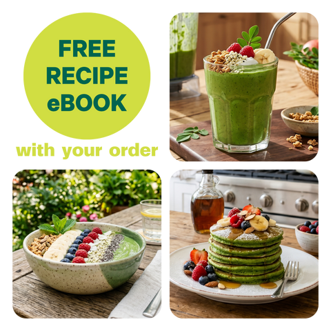 "Free Recipe eBook with your order" graphic showing moringa recipes: a green smoothie, a smoothie bowl topped with fruit and seeds, and a stack of green moringa pancakes.