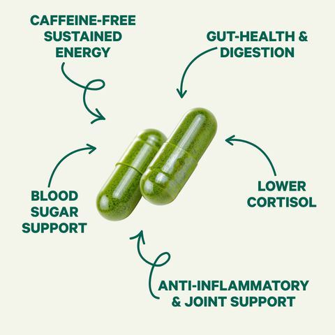 Two green moringa capsules with arrows pointing to their benefits: caffeine-free sustained energy, gut health and digestion, lower cortisol, blood sugar support, and anti-inflammatory and joint support.