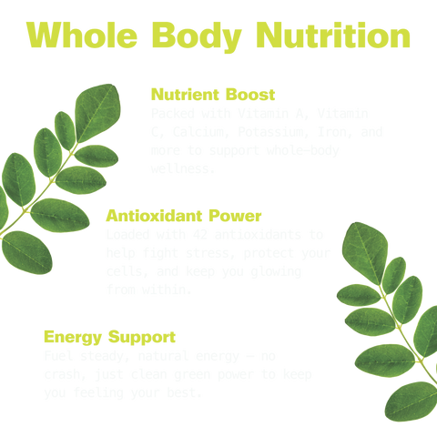 "Whole Body Nutrition" graphic with moringa leaves: a nutrient boost of vitamins A and C, calcium, potassium, and iron; antioxidant power from 42 antioxidants; and steady, natural energy with no crash.