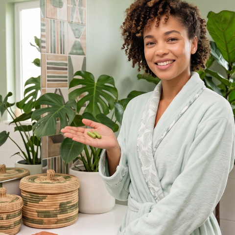 Smiling woman in a light green robe holding two green moringa capsules in her open palm in a bright bathroom with houseplants and woven baskets.