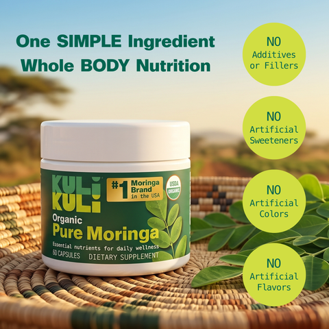 Kuli Kuli Organic Pure Moringa capsule jar on a woven basket with moringa leaves and a sunlit farm landscape, labeled "One Simple Ingredient, Whole Body Nutrition," with no additives, fillers, artificial sweeteners, colors, or flavors.