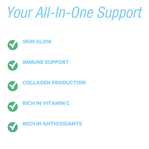 Infographic titled "Your All-In-One Support for Skin Glow & Immunity" listing benefits: sea moss for skin hydration, baobab and pineapple for immunity, baobab for collagen, natural vitamin C, and antioxidant-rich blue spirulina.