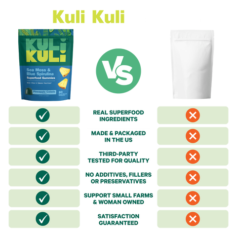 Comparison chart of Kuli Kuli Sea Moss gummies versus a generic pouch, with Kuli Kuli checked for real superfood ingredients, made in the US, third-party tested, no additives or fillers, supporting small farms and woman owned, and satisfaction guaranteed.