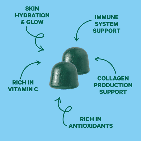 Close-up of two dark greenish blue Kuli Kuli Sea Moss & Blue Spirulina gummies, labeled with benefits: skin hydration and glow, immune system support, collagen production support, rich in vitamin C, and rich in antioxidants.
