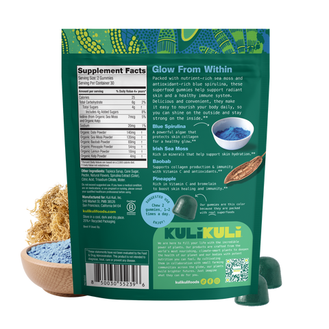 Back of the Kuli Kuli Sea Moss & Blue Spirulina gummies pouch showing Supplement Facts, ingredients, suggested use of 2 gummies 1–2 times daily, and ingredient benefit descriptions.