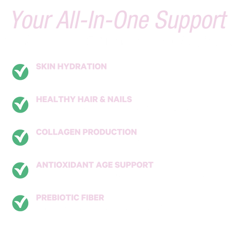 All-in-one support for skin health and hydration: hyaluronic acid for plump, hydrated skin; biotin for stronger hair and nails; baobab for natural collagen support; antioxidants for healthy aging; and prebiotic fiber for the gut-skin connection.
