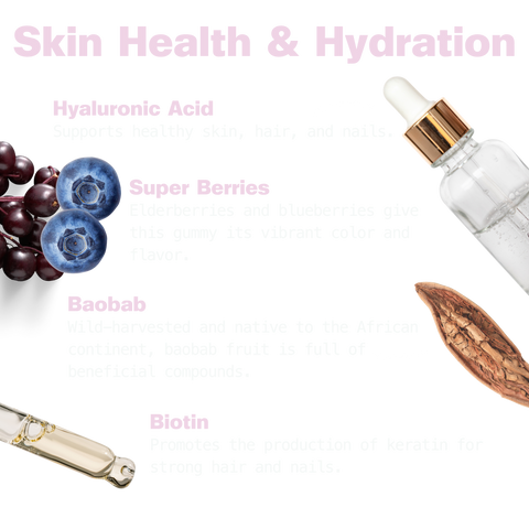 Skin health and hydration ingredients: hyaluronic acid for skin, hair, and nails; elderberries and blueberries for color and flavor; wild-harvested African baobab fruit; and biotin for keratin production and strong hair and nails.