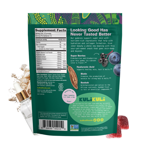 Back of the Kuli Kuli Sour Berry gummies pouch with Supplement Facts: 4 gummies per serving, 15 servings, 40 calories, 8g added sugar, 400mg organic baobab, 120mg hyaluronic acid, blueberry and elderberry extracts, vitamin E, selenium, biotin, and vitamin D3. Non-GMO Project Verified and Certified B Corporation.