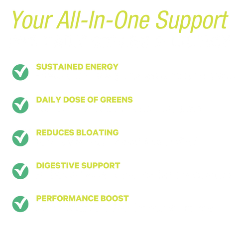 Your all-in-one support for daily greens and energy: caffeine-free energy, four organic greens per scoop, bloat relief, digestive support from moringa, and plant protein and iron for recovery.