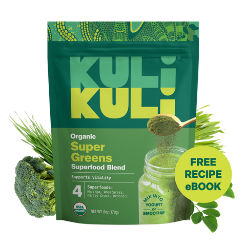 Kuli Kuli Organic Super Greens Superfood Blend pouch, 6 oz, with moringa, wheatgrass, barley grass, and broccoli, plus a free recipe eBook badge.