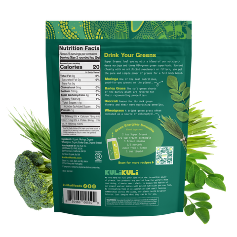 Back of the Super Greens pouch showing nutrition facts (20 calories, 2g fiber, 130% DV vitamin K per 2 tsp serving), organic ingredients, ingredient descriptions, and a Green Energizer Smoothie recipe.