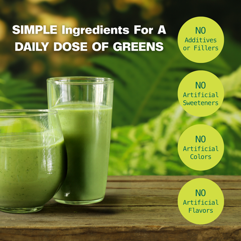 Two green smoothies on a wooden table with lush greenery behind. Simple ingredients: no additives, fillers, artificial sweeteners, colors, or flavors.