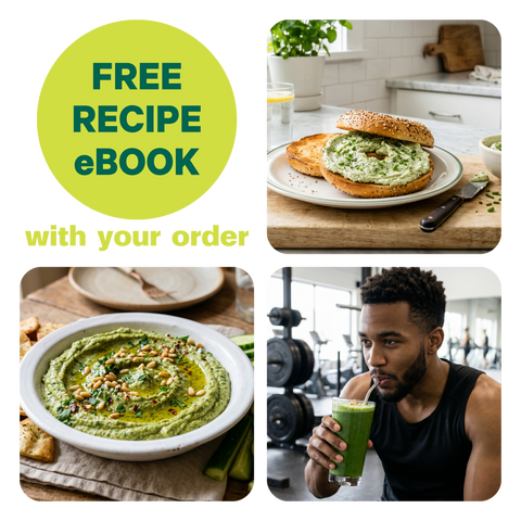 Free recipe eBook with your order, shown with a bagel and green herb spread, a bowl of green hummus, and a man drinking a green smoothie at the gym.